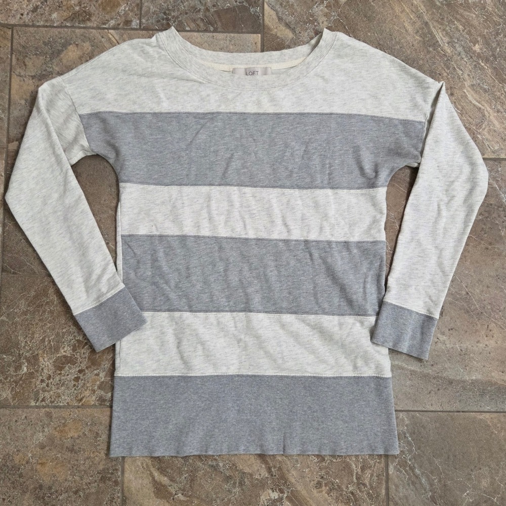 LOFT Gray Striped Long Sleeve Top Crew Neck Tunic‎ Sweater Pullover